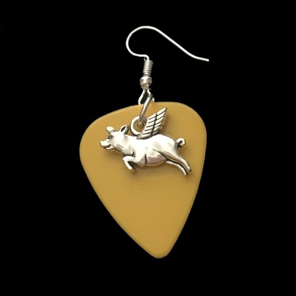 HAND Crafted Drop Earrings When Pigs Can Fly Repurposed Guitar Picks - Picture 2 of 6